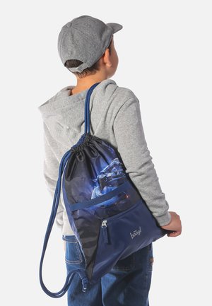 Navy drawstring backpack with a graphic of a spaceship, made of durable material, featuring a zippered compartment and adjustable straps.