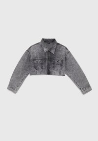 Lyhyempi farkkutakki vaaleanharmaana, jossa on terävä kaulus, napitettava etuosa, kaksi rintataskua ja pitkät hihat napitettavilla hiharesoreilla.