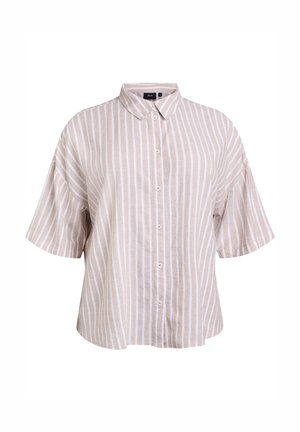 Light beige shirt with vertical white stripes, short sleeves, and a button placket. Made of a textured fabric, featuring a classic collar.