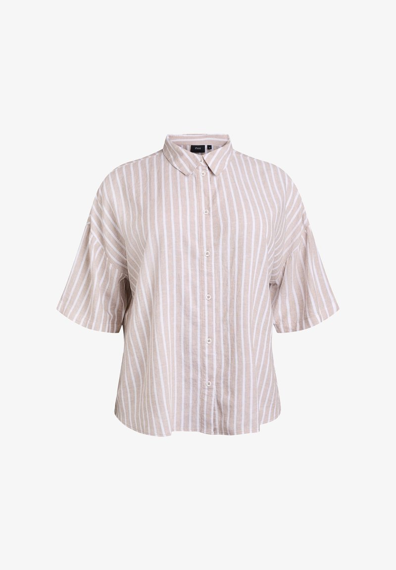 Light beige shirt with vertical white stripes, short sleeves, and a button placket. Made of a textured fabric, featuring a classic collar.