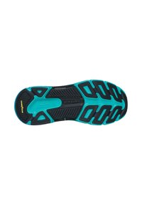 Suela de zapato con una superficie texturizada negra y acentos en turquesa, que presenta surcos y recortes para una mejor adherencia y flexibilidad.