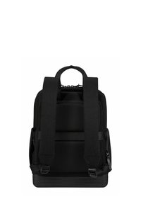 Black backpack with padded shoulder straps, top handle, textured fabric, zippered side pocket, and a lined interior. Rectangular shape, minimal design.