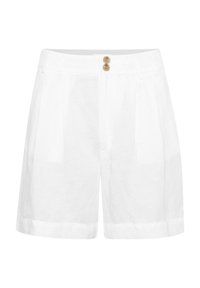 Vita linneshorts med en avslappnad passform, som har två träknappar framtill, veckdetaljer och uppvikta fållar.