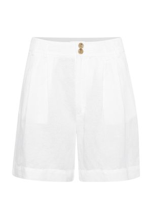 Shorts bianchi in lino con una vestibilità rilassata, caratterizzati da due bottoni in legno sulla parte anteriore, dettagli plissettati e orli risvoltati.