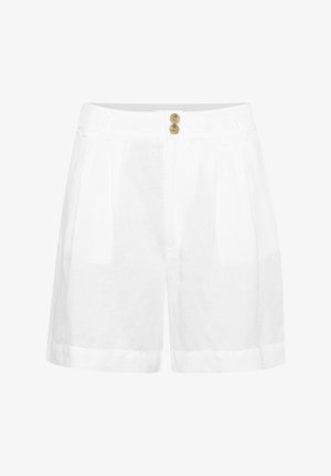 Fehér len sort, laza szabással, elöl két fa gombbal, gyűrődés részletezéssel és felhajtott szegésekkel.