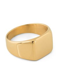Inel din metal cu tonuri de aur, cu o suprafață netedă și lustruită. Prezintă un vârf rectangular, chunky și un band rotunjit pentru un fit confortabil.