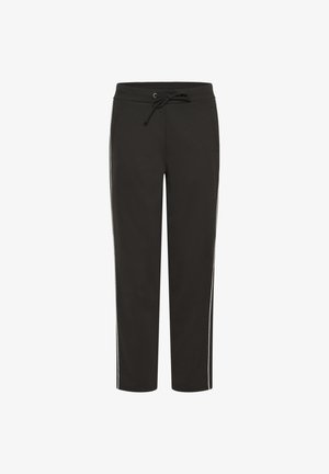 Sorte sweats med snor i taljen, lige pasform, sidelommer og kontrasterende hvide striber langs ydersiden af benene. Glat tekstur.