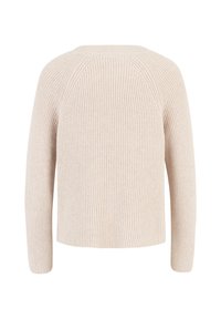 Vaaleanbeige ribattu neulepaita pitkillä hihoilla ja pyöreällä kaula-aukolla, joka on rentoa mallia ja tekstuuroitua kangasta. Takakatsaus esillä.