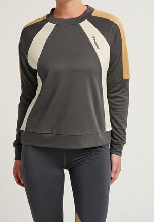 Personne portant un haut de sport à manches longues et un legging avec des blocs de couleur gris foncé, beige et fauve, ainsi qu'un petit logo de marque sur la poitrine.