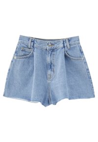 Shorts en denim bleu clair taille haute avec bouton frontal, fermeture éclair, passants pour ceinture et deux poches avant.
