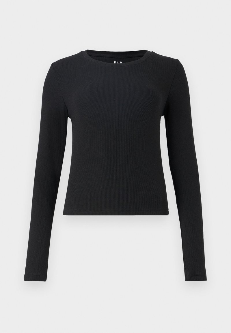 Top nero a maniche lunghe, scollatura a girocollo, texture a coste, design aderente e lunghezza cropped. Nessun motivo o dettagli hardware visibili.
