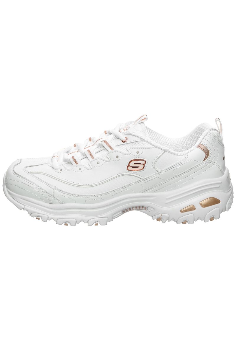White athletic shoe made of smooth synthetic material. Features textured accents, metallic gold detail, lace-up design, and a cushioned sole.