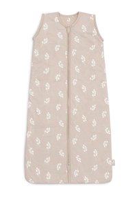 Sac de couchage en coton beige avec un motif floral blanc. Il présente un design sans manches et une fermeture éclair à l'avant pour un enfilage facile. Texture douce.