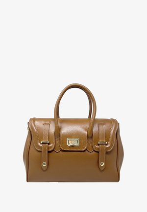 Braune Lederhandtasche mit einer strukturierten Form, zwei oberen Griffen, Klappenverschluss, goldfarbenen Beschlägen und genähten Details.