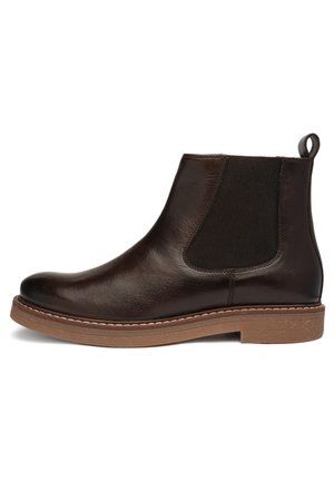 Dark brown leather ankle boot with elastic side panel and light brown sole, viewed from the outer side.
