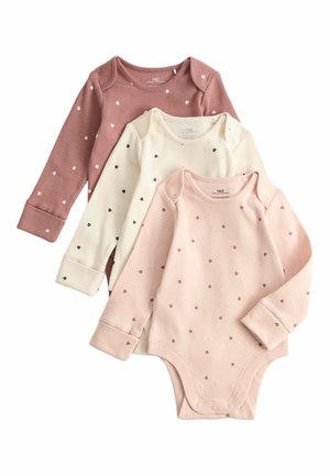 Tre langærmede baby bodystockings i rib, i lyserød, creme og mauve med små hjerte-mønstre og trykknapper i bunden.