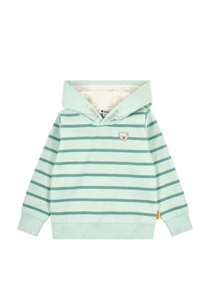 Light green and white striped children's hoodie with small teddy bear patch on chest and drawstring hood.