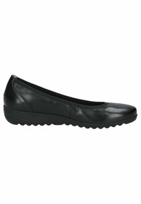 Black leather ballet flat with a rounded toe, textured upper, cushioned sole, low-profile design, and rubber outsole featuring a wave pattern.