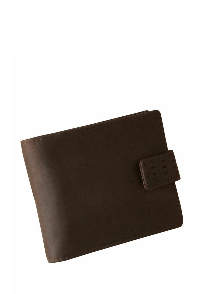 Brown leather wallet with a smooth texture, featuring a small, textured closure tab. Folded design, minimal stitching detail.