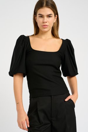 Czarny dopasowany top z bufiastymi rękawami i kwadratowym dekoltem. Wykonany z gładkiego materiału, charakteryzujący się elegancką sylwetką i prostymi liniami kroju.