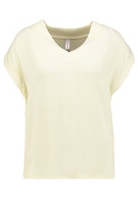 Kortærmet top med V-hals i et blødt, lys gult stof med en afslappet pasform og glat tekstur. Har ingen synlige udsmykninger eller mønstre.