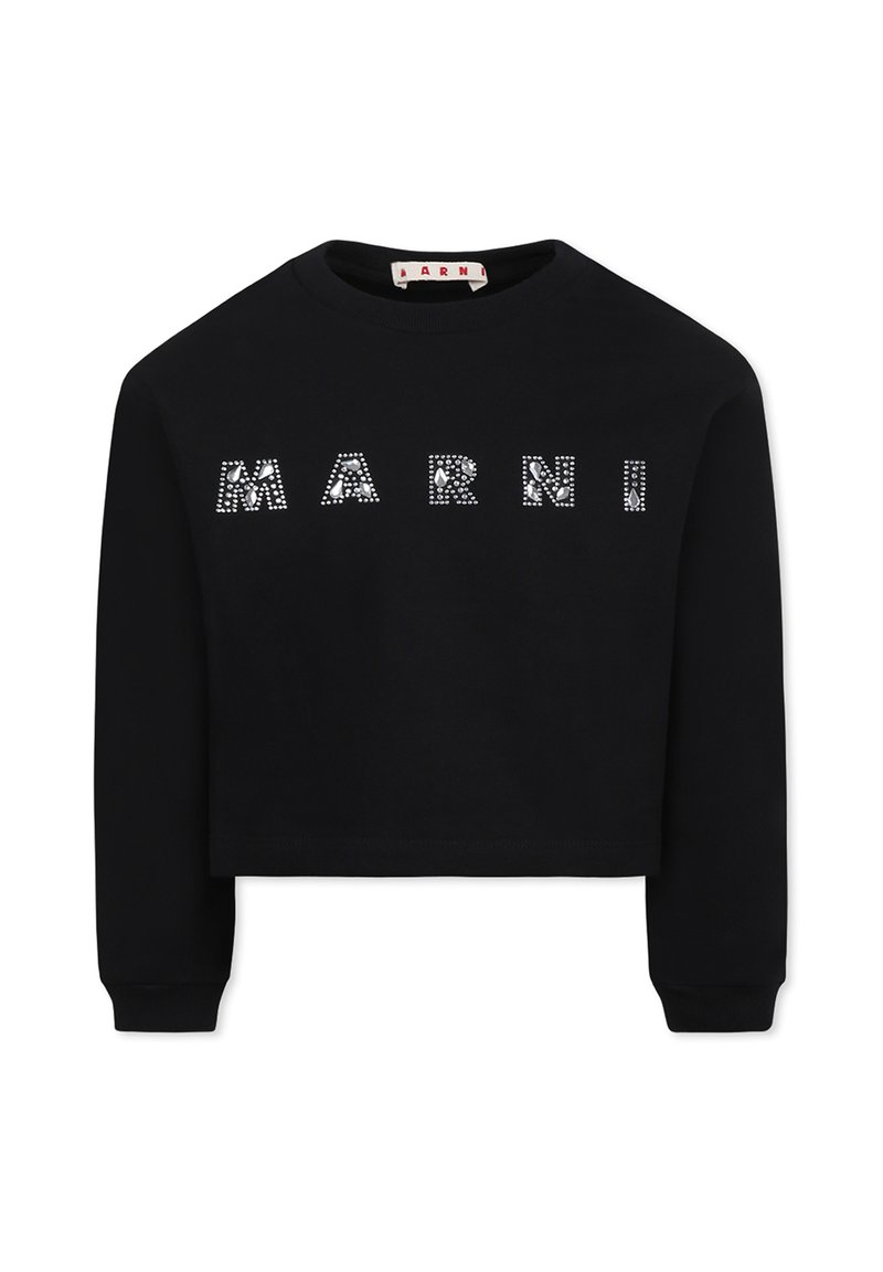Crop sweatshirt nera realizzata in morbido tessuto, con "MARNI" in strass lucidi sulla parte anteriore. Maniche lunghe con polsini a coste.