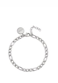 Pulsera de cadena de plata con eslabones ovalados, que cuenta con un cierre de langosta, longitud ajustable y una etiqueta redonda grabada con 'SINGULAR'.
