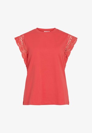 Haut sans manches corail avec encolure ronde et détails en dentelle aux épaules et aux bords des manches.
