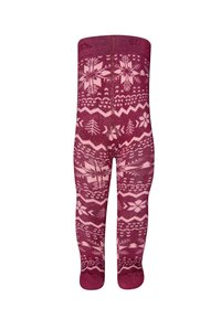 Leggings in burgundy with pink snowflake and geometric patterns. Made from a soft, stretchy material, featuring a snug fit and solid foot section.