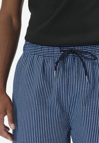 Pantaloni corti a righe blu con vita elasticizzata e coulisse, realizzati in un tessuto testurizzato e caratterizzati da righe sottili e spesse a contrasto.