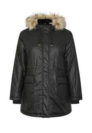 Czarna, wodoodporna parka z odpinanym kapturem z sztucznego futra, zapinana na zamek z przodu, z dwiema przednimi kieszeniami. Charakteryzuje się miękkim, teksturowanym wykończeniem.