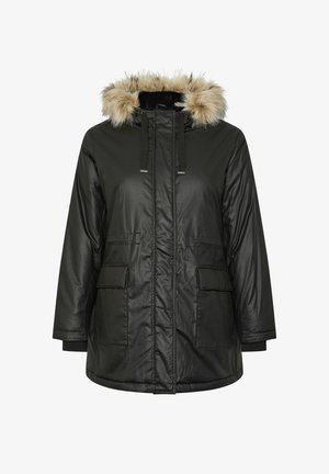 Zwarte, waterdichte parka met een afneembare faux fur capuchon, met rits aan de voorkant en twee voorzakken. Kenmerkt zich door een zachte, gestructureerde afwerking.