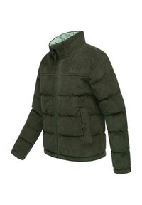 Veste en corduroy vert matelassée avec un col montant, doublure contrastante en menthe, fermeture éclair et poignets élastiques. Comprend deux poches avant.
