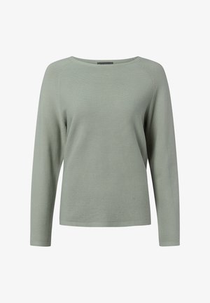 Lichtgroene trui met lange mouwen, een geribbelde textuur, brede halslijn en een losse pasvorm. Eenvoudig ontwerp zonder zichtbare patronen of versieringen.