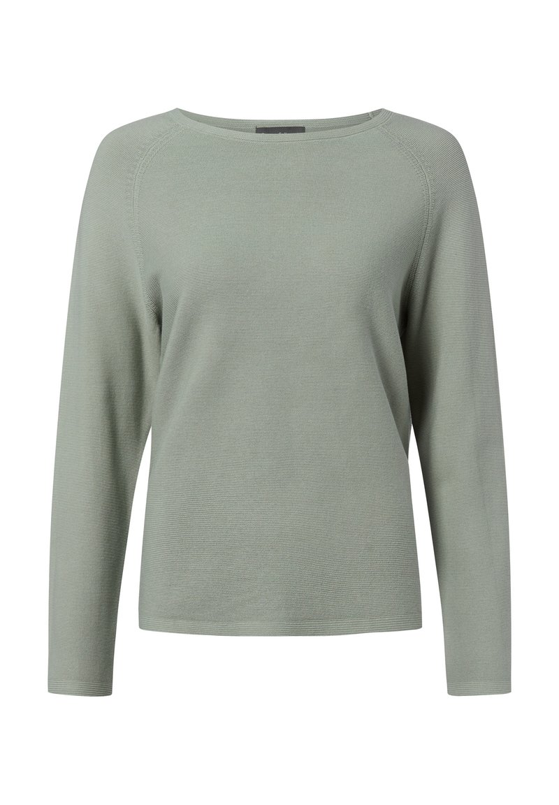 Lichtgroene trui met lange mouwen, een geribbelde textuur, brede halslijn en een losse pasvorm. Eenvoudig ontwerp zonder zichtbare patronen of versieringen.