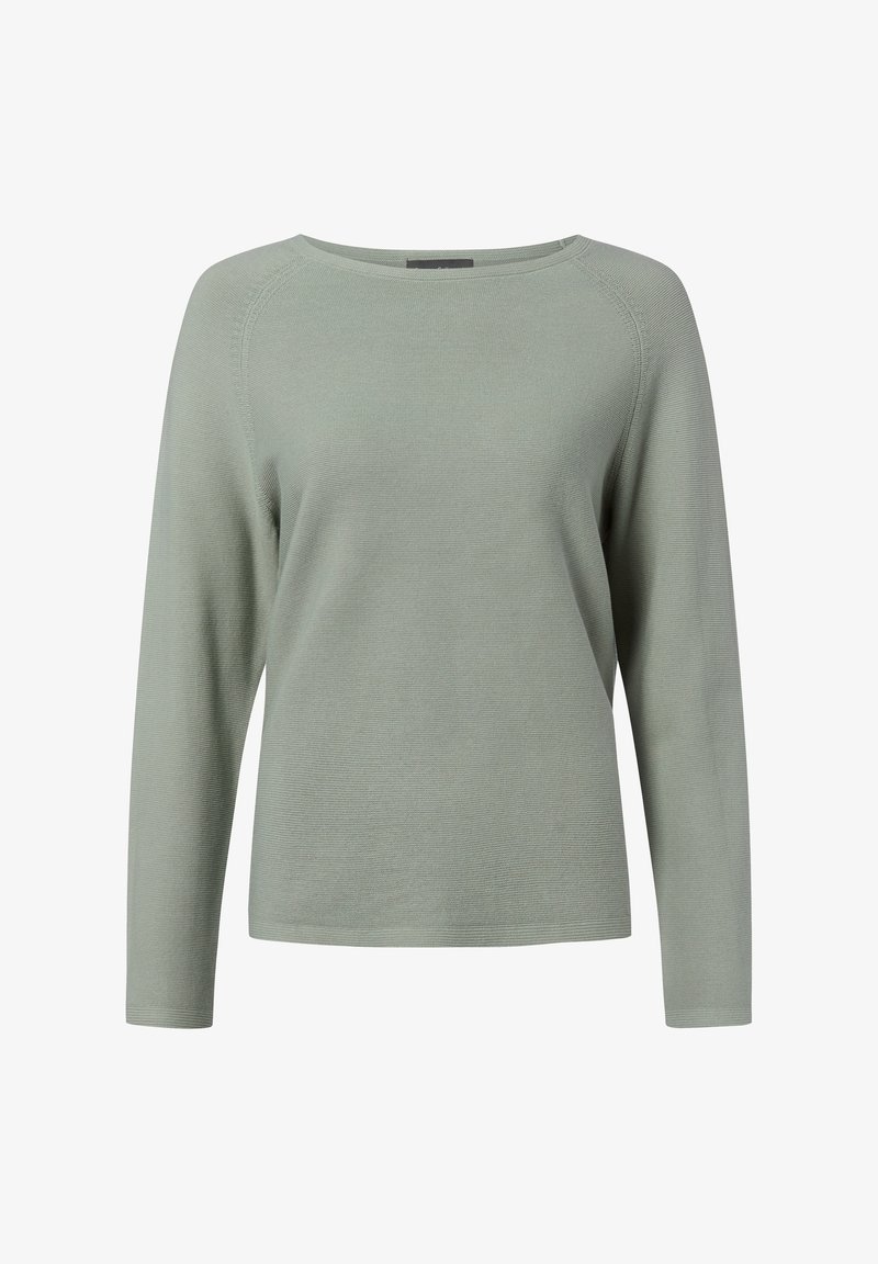 Lichtgroene trui met lange mouwen, een geribbelde textuur, brede halslijn en een losse pasvorm. Eenvoudig ontwerp zonder zichtbare patronen of versieringen.