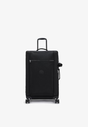 Black rolling suitcase with a front zipper pocket, sturdy handle, and four wheels. Material appears durable with a smooth texture.