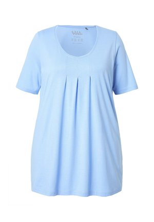 Maglietta a maniche corte blu chiaro con scollo a barchetta e pieghe frontali, realizzata in un tessuto morbido con una vestibilità comoda.