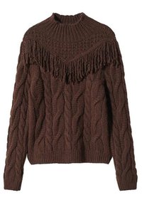 Pull en tricot marron avec motifs torsadés et design à franges le long du col. Col montant et ourlet et poignets côtelés.