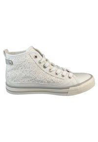 White high-top sneakers with a lace overlay, rubber sole, silver eyelets, and a rounded toe. Features a smooth leather trim and a pull tab.