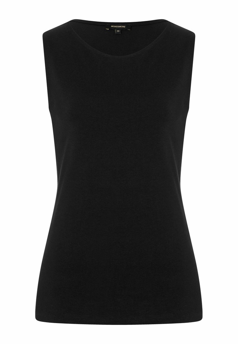 Top noir sans manches pour femme avec encolure ronde, silhouette ajustée et texture de tissu lisse, taille 36.