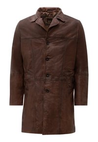 Long manteau en cuir marron avec fermeture par boutons, col à cran et poches latérales inclinées, présenté sur fond blanc.