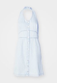 Ljusblå denimklänning med halterneck, knäppning fram och horisontella sömdetaljer. Slät textur med en avslappnad design.