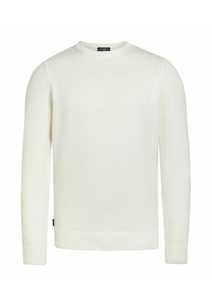 Pull blanc à manches longues en maille avec col rond, poignets et ourlet côtelés, présenté sur un fond blanc uni.