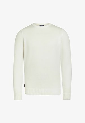 Pull blanc à manches longues en maille avec col rond, poignets et ourlet côtelés, présenté sur un fond blanc uni.