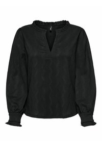 Schwarze Bluse aus strukturiertem Stoff, mit einem gerafften Ausschnitt, langen Ärmeln mit gerafften Bündchen und einer Schlüsselöffnung an der Vorderseite.