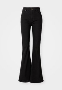 Black flared jeans made of denim, featuring a high waist, button closure, and classic five-pocket design. Smooth texture and uniform color.