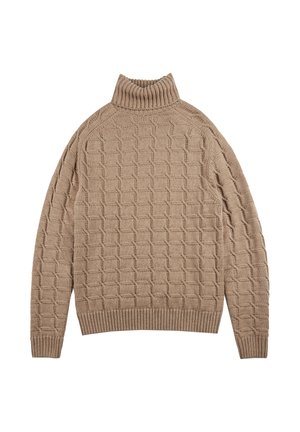 Beige gebreide coltrui met een textuur, geometrisch patroon, raglanmouwen en ribgebreide manchetten en zoom.