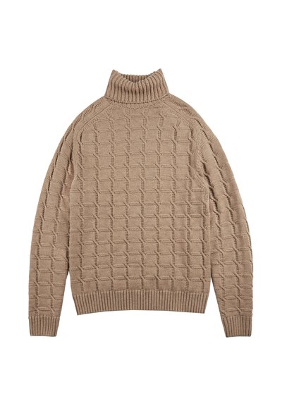 Maglione beige a collo alto lavorato a maglia con un motivo geometrico testurizzato, maniche raglan e polsini e orlo a coste.