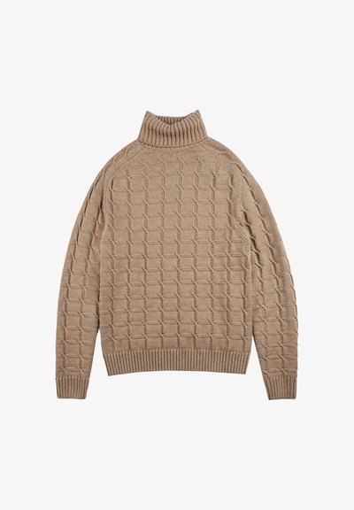 Beige gestrickter Rollkragenpullover mit einem strukturierten, geometrischen Muster, Raglanärmeln sowie gerippten Bündchen und Saum.